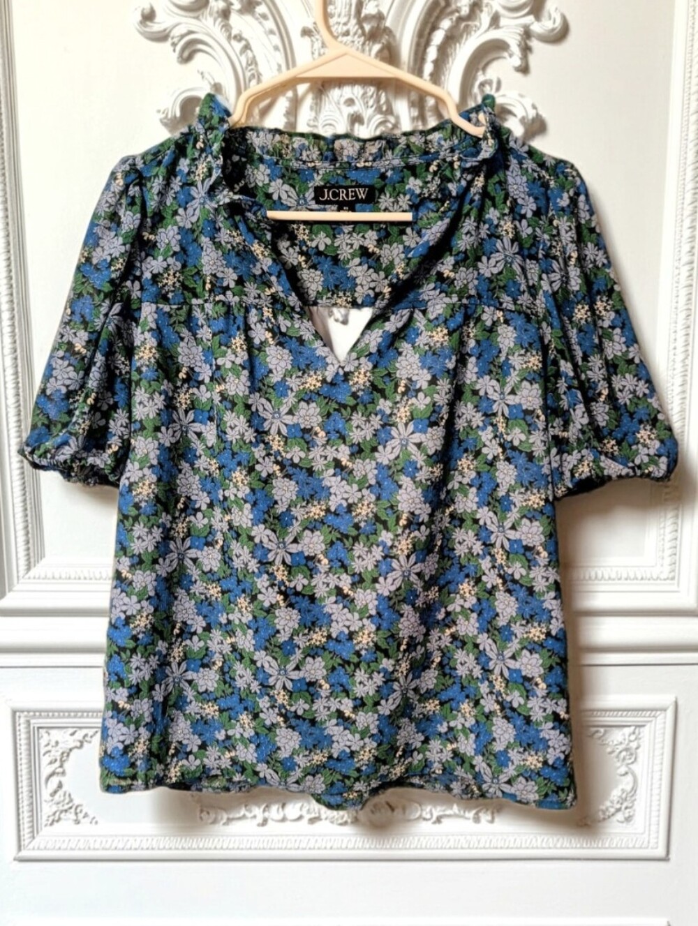 J.Crew Blue & Green Floral Ruffle Neck Puff Sleeve Blouse, Size XS